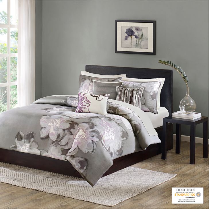 The appearance of Serena Cotton Sateen Printed 6Pcs Queen Duvet Set In Grey designed by Olliix in the transitional interior design. This grey piece of furniture  was selected by 1StopBedrooms from Serena Collection to add a touch of cosiness and style into your home. Sku: MP12-1102. Bed Size: Queen. Material: Cotton. Product Type: Duvet Set. Image1