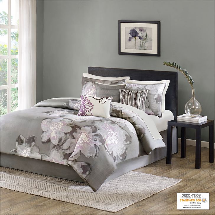 The appearance of Serena Cotton Sateen Printed 7Pcs Queen Comforter Set In Grey designed by Olliix in the transitional interior design. This grey piece of furniture  was selected by 1StopBedrooms from Serena Collection to add a touch of cosiness and style into your home. Sku: MP10-1099. Bed Size: Queen. Material: Cotton. Product Type: Comforter Set. Image1
