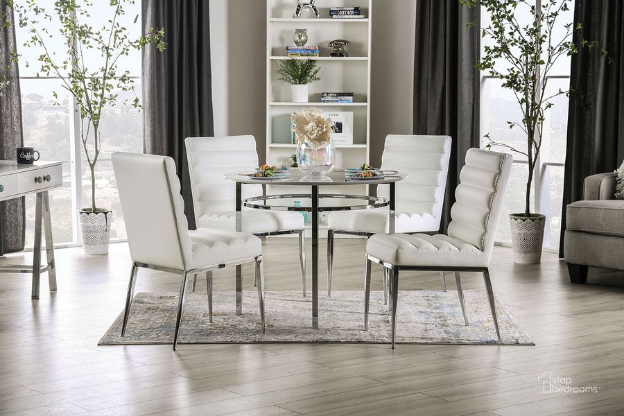 The appearance of Serena Round Dining Table In White and Chrome designed by Furniture of America in the modern / contemporary interior design. This white and chrome piece of furniture  was selected by 1StopBedrooms from Serena Collection to add a touch of cosiness and style into your home. Sku: FOA3797RT. Table Base Style: Legs. Table Top Shape: Round. Material: Wood. Product Type: Dining Table. Size: 39". Image1