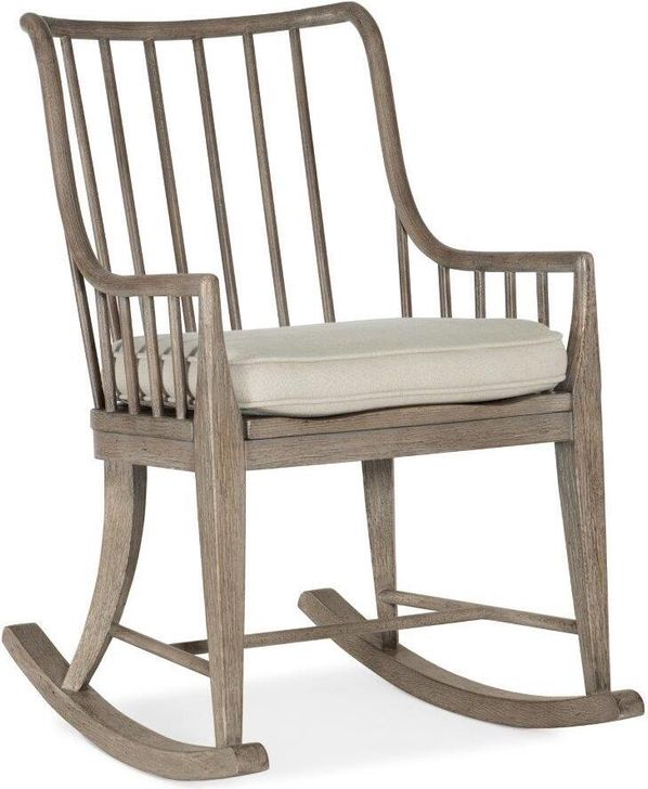 The appearance of Serenity Moorings Rocking Chair 6350-50002-95 designed by Hooker in the transitional interior design. This beige piece of furniture  was selected by 1StopBedrooms from Serenity Collection to add a touch of cosiness and style into your home. Sku: 6350-50002-95. Material: Fabric. Product Type: Accent Chair. Image1