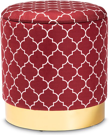 The appearance of Serra Glam And Luxe Red Quatrefoil Velvet Fabric Upholstered Gold Finished Metal Storage Ottoman designed by Baxton Studio in the transitional interior design. This red piece of furniture  was selected by 1StopBedrooms from Serra Collection to add a touch of cosiness and style into your home. Sku: JY19A257-Red/Gold-Otto. Product Type: Ottoman. Material: MDF. Image1
