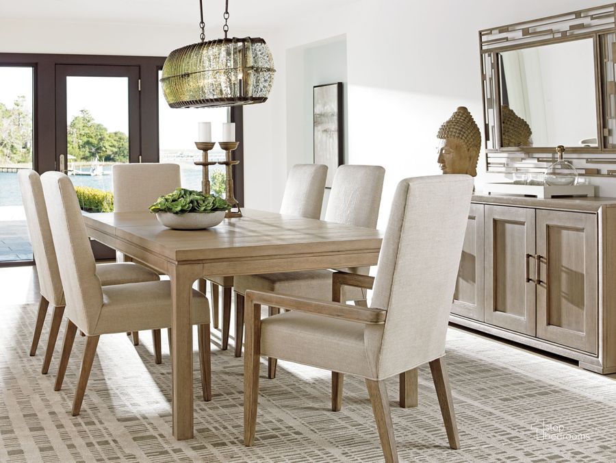 The appearance of Shadow Play Concorde Extendable Rectangular Dining Room Set designed by Lexington in the transitional interior design. This beige piece of furniture  was selected by 1StopBedrooms from Shadow Play Collection to add a touch of cosiness and style into your home. Sku: 01-0725-877;01-0725-880-01. Product Type: Dining Room Set. Image1