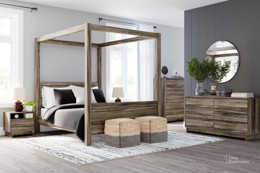 The appearance of Shallifer Brown Canopy Bedroom Set designed by Signature Design by Ashley in the transitional interior design. This brown piece of furniture  was selected by 1StopBedrooms from Shallifer Collection to add a touch of cosiness and style into your home. Sku: EB1104-161;EB1104-171;EB1104-198;EB1104-291. Bed Type: Canopy Bed. Material: Wood. Product Type: Canopy Bed. Image1