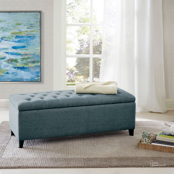 The appearance of Shandra Tufted Top Storage Bench In Blue FUR105-0041 designed by Olliix in the transitional interior design. This blue piece of furniture  was selected by 1StopBedrooms from Shandra Collection to add a touch of cosiness and style into your home. Sku: FUR105-0041. Material: Wood. Product Type: Bench. Image1