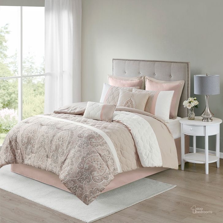 The appearance of Shawnee Polyester 8Pcs King Comforter Set In Blush designed by Olliix in the transitional interior design. This blush piece of furniture  was selected by 1StopBedrooms from Shawnee Collection to add a touch of cosiness and style into your home. Sku: 5DS10-0223. Material: Polyester. Bed Size: King. Product Type: Comforter Set. Image1