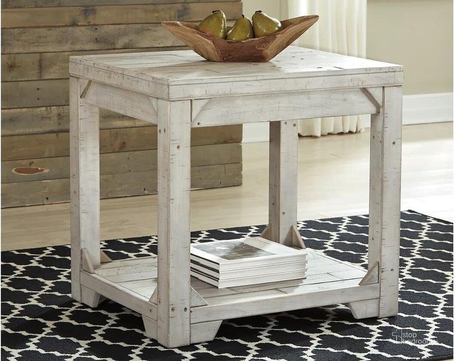 The appearance of Sheddings Way White Wash End Table designed by Isaac Tahari in the transitional interior design. This white wash piece of furniture  was selected by 1StopBedrooms from Sheddings Way Collection to add a touch of cosiness and style into your home. Sku: T755-3. Material: Wood. Product Type: End Table. Image1
