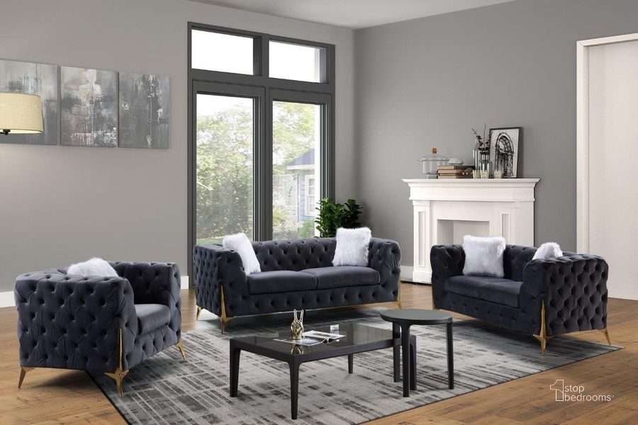 The appearance of Sheila Dark Grey Velvet Living Room Set designed by Premier Home in the modern / contemporary interior design. This grey piece of furniture  was selected by 1StopBedrooms from Sheila Collection to add a touch of cosiness and style into your home. Sku: FS361-GR-LO;FS361-GR-SO. Product Type: Living Room Set. Material: Velvet. Image1