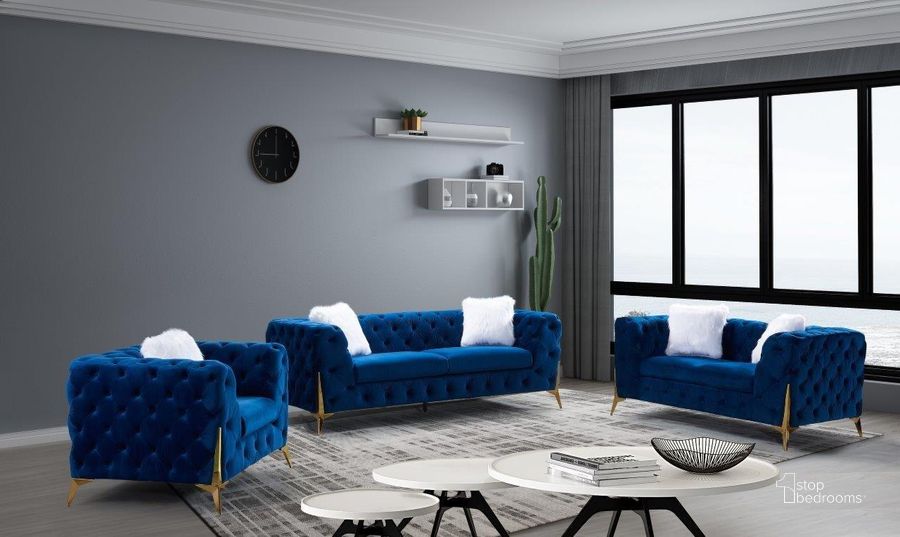 The appearance of Sheila Navy Velvet Living Room Set designed by Premier Home in the modern / contemporary interior design. This navy piece of furniture  was selected by 1StopBedrooms from Sheila Collection to add a touch of cosiness and style into your home. Sku: FS361-NA-LO;FS361-NA-SO. Product Type: Living Room Set. Material: Velvet. Image1