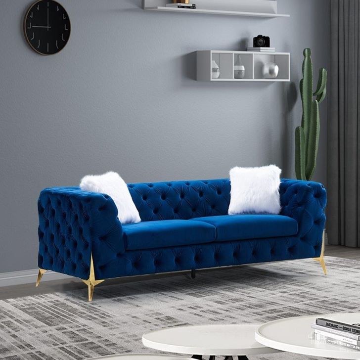 The appearance of Sheila Navy Velvet Sofa designed by Premier Home in the modern / contemporary interior design. This navy piece of furniture  was selected by 1StopBedrooms from Sheila Collection to add a touch of cosiness and style into your home. Sku: FS361-NA-SO. Product Type: Sofa. Material: Velvet.