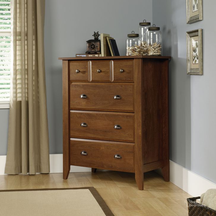 The appearance of Shoal Creek 4-Drawer Chest In Oiled Oak designed by Sauder in the transitional interior design. This oiled oak piece of furniture  was selected by 1StopBedrooms from Shoal Creek Collection to add a touch of cosiness and style into your home. Sku: 410288. Product Type: Chest. Material: Engineered Wood. Image1