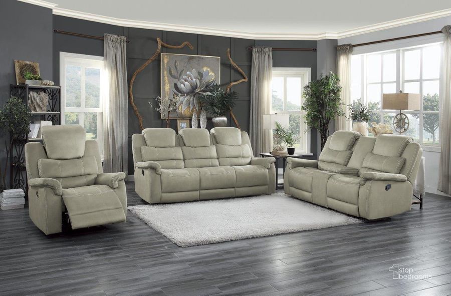 The appearance of Shola Gray Double Reclining Living Room Set With Drop Down Table designed by Homelegance in the modern / contemporary interior design. This gray piece of furniture  was selected by 1StopBedrooms from Shola Collection to add a touch of cosiness and style into your home. Sku: 9848GY-3;9848GY-2. Material: Wood. Product Type: Living Room Set. Image1