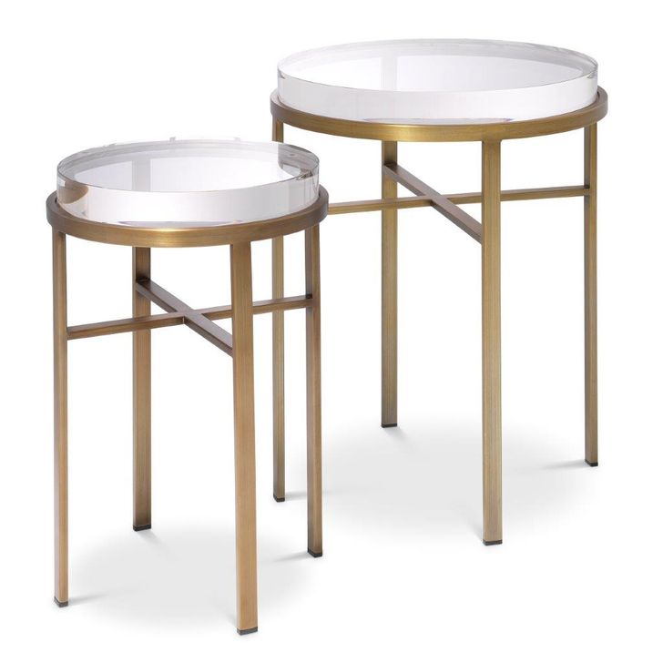 The appearance of Side Table Hoxton Brushed Brass Finish Set Of 2 designed by Eichholtz in the modern / contemporary interior design. This brass piece of furniture  was selected by 1StopBedrooms from Hoxton Collection to add a touch of cosiness and style into your home. Sku: 114482A;114482B. Product Type: Side Table. Image1
