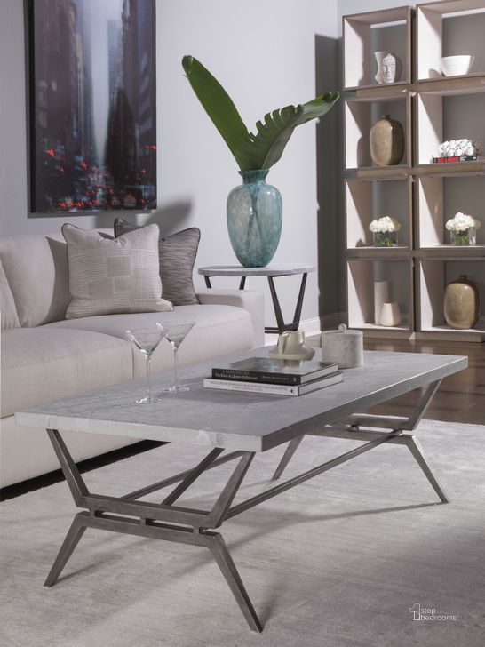 The appearance of Signature Designs Gray Scagliola Stone and gunmetal Cirro Rectangular Occasional Table Set designed by Artistica Home in the transitional interior design. This gray piece of furniture  was selected by 1StopBedrooms from Signature Designs Collection to add a touch of cosiness and style into your home. Sku: 01-2132-945;01-2132-953. Product Type: Occasional Table Set. Image1
