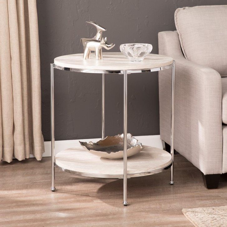The appearance of Silas Round Faux Stone End Table In Chrome designed by SEI Furniture in the transitional interior design. This chrome piece of furniture  was selected by 1StopBedrooms from Silas Collection to add a touch of cosiness and style into your home. Sku: CK5742. Material: Wood. Product Type: End Table. Image1