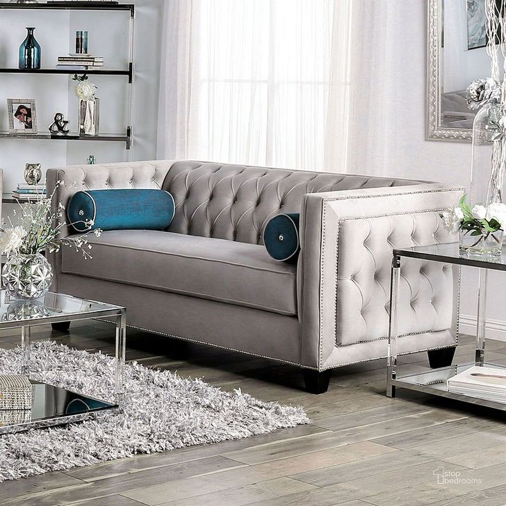 The appearance of Silvan Gray Loveseat designed by Furniture of America in the transitional interior design. This gray piece of furniture  was selected by 1StopBedrooms from Silvan Collection to add a touch of cosiness and style into your home. Sku: SM2283-LV. Product Type: Loveseat. Material: Velvet. Image1