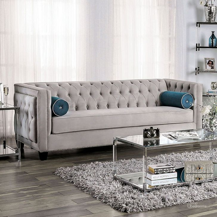 The appearance of Silvan Gray Sofa designed by Furniture of America in the transitional interior design. This gray piece of furniture  was selected by 1StopBedrooms from Silvan Collection to add a touch of cosiness and style into your home. Sku: SM2283-SF. Product Type: Sofa. Material: Velvet. Image1