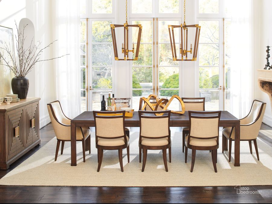 The appearance of Silverado Brown Elk Grove Extendable Rectangular Dining Room Set designed by Lexington in the transitional interior design. This brown piece of furniture  was selected by 1StopBedrooms from Silverado Collection to add a touch of cosiness and style into your home. Sku: 01-0740-877;01-0740-880-01. Product Type: Dining Room Set. Image1