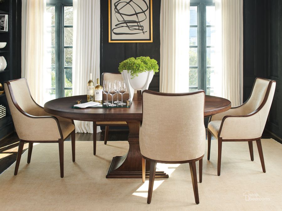 The appearance of Silverado Brown Palo Alto Extendable Round Dining Room Set designed by Lexington in the transitional interior design. This brown piece of furniture  was selected by 1StopBedrooms from Silverado Collection to add a touch of cosiness and style into your home. Sku: 01-0740-875C;01-0740-880-01. Product Type: Dining Room Set. Image1
