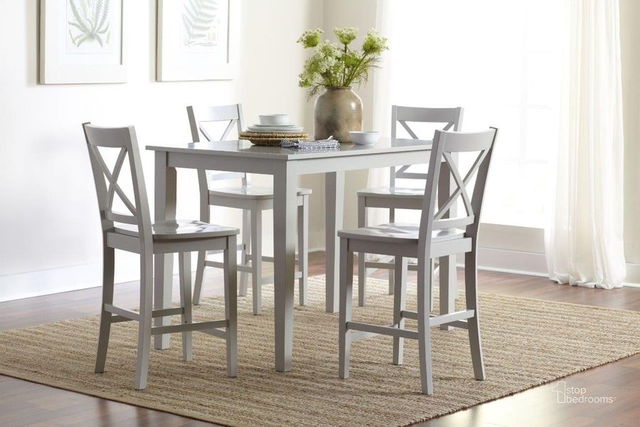 The appearance of Simplicity Dove Counter Height Dining Room Set designed by Jofran in the transitional interior design. This gray piece of furniture  was selected by 1StopBedrooms from Simplicity Collection to add a touch of cosiness and style into your home. Sku: 252-54;252-BS806KD. Table Top Shape: Square. Product Type: Dining Room Set. Material: Rubberwood. Image1