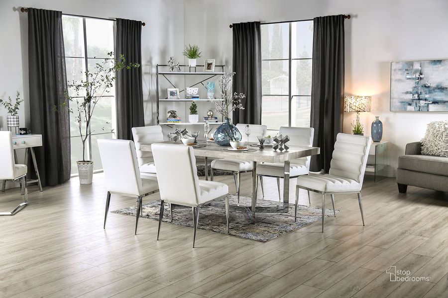 The appearance of Sindy Dining Table In Light Gray and Chrome designed by Furniture of America in the modern / contemporary interior design. This light gray and chrome piece of furniture  was selected by 1StopBedrooms from Sindy Collection to add a touch of cosiness and style into your home. Sku: FOA3798T-1;FOA3798T-2. Table Base Style: Legs. Material: Wood. Product Type: Dining Table. Table Top Shape: Rectangular. Size: 38". Image1