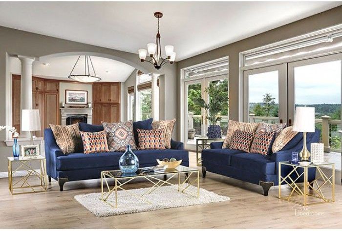 The appearance of Sisseton Navy Living Room Set designed by Furniture of America in the transitional interior design. This blue piece of furniture  was selected by 1StopBedrooms from Sisseton Collection to add a touch of cosiness and style into your home. Sku: SM2210-SF;SM2210-LV. Material: Wood. Product Type: Living Room Set. Image1