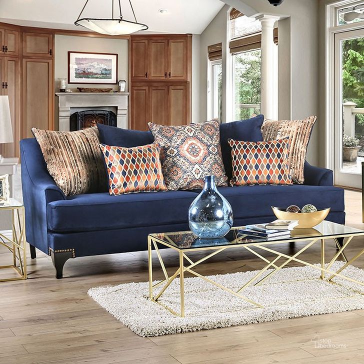 The appearance of Sisseton Navy Sofa designed by Furniture of America in the transitional interior design. This blue piece of furniture  was selected by 1StopBedrooms from Sisseton Collection to add a touch of cosiness and style into your home. Sku: SM2210-SF. Material: Wood. Product Type: Sofa. Image1