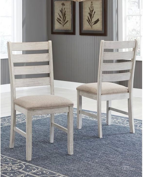 The appearance of Skempton White/Light Brown Dining Upholstered Side Chair Set of 2 designed by Signature Design by Ashley in the transitional interior design. This white/light brown piece of furniture  was selected by 1StopBedrooms from Skempton Collection to add a touch of cosiness and style into your home. Sku: D394-01. Material: Fabric. Product Type: Side Chair. Image1