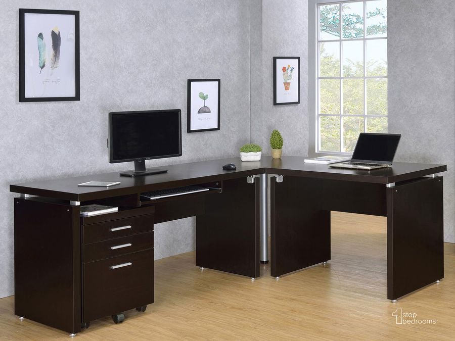 The appearance of Skylar Cappuccino L Desk designed by Coaster in the modern / contemporary interior design. This brown piece of furniture  was selected by 1StopBedrooms from Skylar Collection to add a touch of cosiness and style into your home. Sku: 800891;800892;800893;800894. Material: Wood. Product Type: Desk. Image1