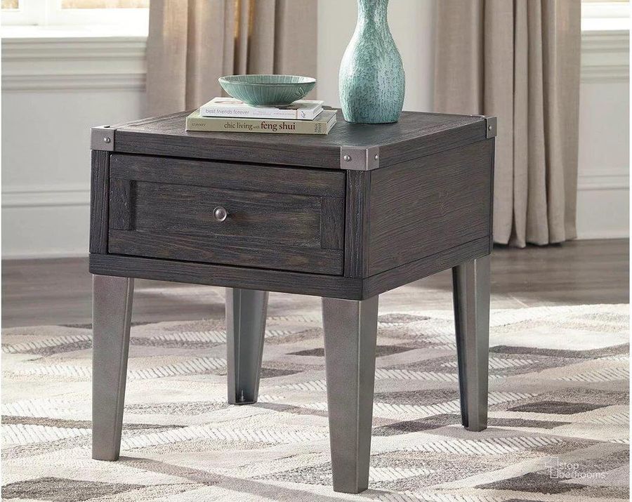 The appearance of Sliding Hills Dark Gray End Table designed by Boho House in the modern / contemporary interior design. This dark gray piece of furniture  was selected by 1StopBedrooms from Sliding Hills Collection to add a touch of cosiness and style into your home. Sku: T901-3. Material: Metal. Product Type: End Table. Table Top Shape: Rectangular. Image1