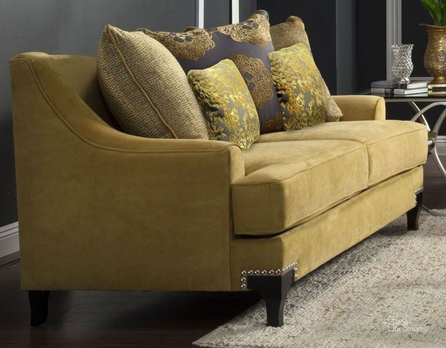 The appearance of Viscontti Gold Loveseat designed by Furniture of America in the traditional interior design. This gold piece of furniture  was selected by 1StopBedrooms from Viscontti Collection to add a touch of cosiness and style into your home. Sku: SM2201-LV. Material: Fabric. Product Type: Loveseat. Key Features: Nailhead Trim. Image1