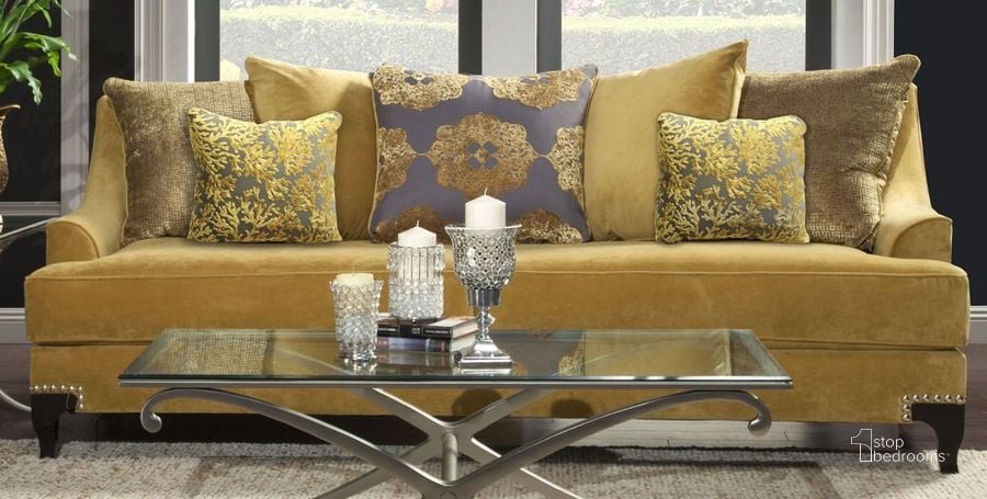 The appearance of Viscontti Gold Sofa designed by Furniture of America in the traditional interior design. This gold piece of furniture  was selected by 1StopBedrooms from Viscontti Collection to add a touch of cosiness and style into your home. Sku: SM2201-SF. Material: Fabric. Product Type: Sofa. Key Features: Nailhead Trim. Image1