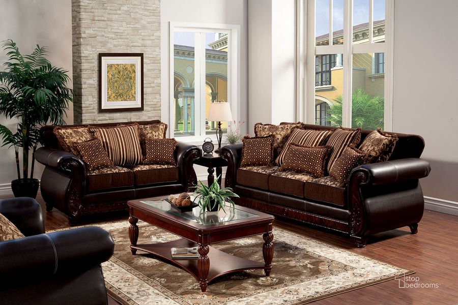 The appearance of Franklin Dark Brown Fabric and Leatherette Living Room Set designed by Furniture of America in the traditional interior design. This brown piece of furniture  was selected by 1StopBedrooms from Franklin Collection to add a touch of cosiness and style into your home. Sku: SM6106N-SF;SM6106N-LV. Material: Fabric. Product Type: Living Room Set. Image1