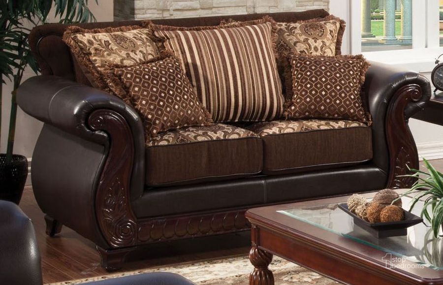 The appearance of Franklin Dark Brown Fabric and Leatherette Loveseat designed by Furniture of America in the traditional interior design. This brown piece of furniture  was selected by 1StopBedrooms from Franklin Collection to add a touch of cosiness and style into your home. Sku: SM6106N-LV. Product Type: Loveseat. Material: Vinyl. Key Features: Wood Trim. Image1