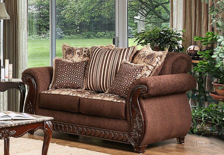The appearance of Tabitha Brown Loveseat designed by Furniture of America in the traditional interior design. This brown piece of furniture  was selected by 1StopBedrooms from Tabitha Collection to add a touch of cosiness and style into your home. Sku: SM6109-LV. Material: Fabric. Product Type: Loveseat. Key Features: Wood Trim. Image1