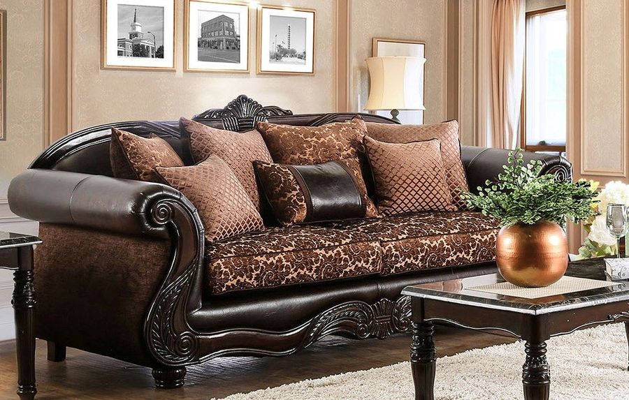 The appearance of Elpis Brown Sofa designed by Furniture of America in the traditional interior design. This brown piece of furniture  was selected by 1StopBedrooms from Elpis Collection to add a touch of cosiness and style into your home. Sku: SM6404-SF. Material: Leather. Product Type: Sofa. Image1