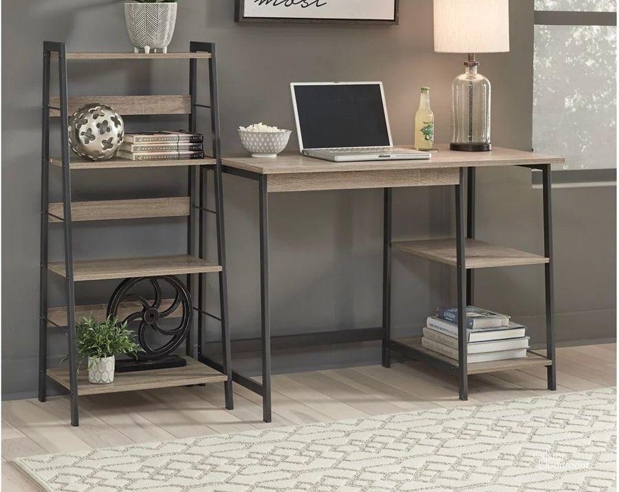 The appearance of Soho Brown And Black Desk With Bookcase designed by Signature Design by Ashley in the transitional interior design. This light brown/gunmetal piece of furniture  was selected by 1StopBedrooms from Soho Collection to add a touch of cosiness and style into your home. Sku: Z1411838. Material: Metal. Product Type: Office Desk. Image1
