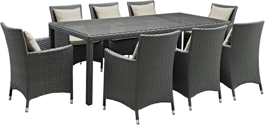 The appearance of Sojourn Antique Canvas Beige 9 Piece Outdoor Patio Sunbrella Dining Set EEI-2309-CHC-BEI-SET designed by Modway in the modern / contemporary interior design. This antique canvas beige piece of furniture  was selected by 1StopBedrooms from Sojourn Collection to add a touch of cosiness and style into your home. Sku: EEI-2309-CHC-BEI-SET. Table Base Style: Legs. Material: Aluminum. Table Top Shape: Rectangular. Product Type: Outdoor Dining Set. Image1