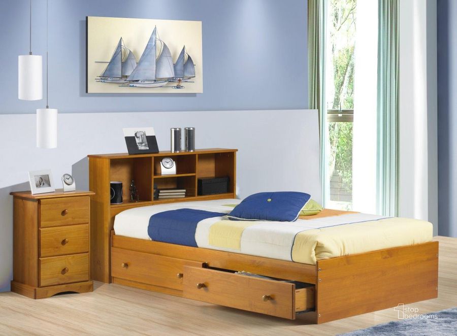 The appearance of Solid Wood Twin Kansas MateS Bed In Honey Pine designed by Palace Imports in the transitional interior design. This honey pine piece of furniture  was selected by 1StopBedrooms from  to add a touch of cosiness and style into your home. Sku: 2434. Bed Type: Storage Bed. Material: Wood. Product Type: Storage Bed. Bed Size: Twin. Image1