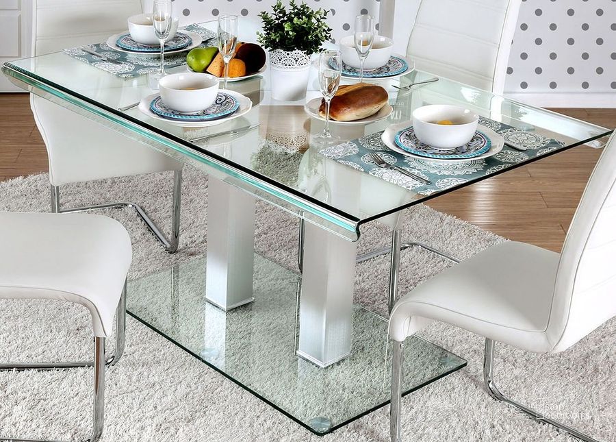 The appearance of Sollum Silver Dining Table designed by Atelier Home in the modern / contemporary interior design. This silver piece of furniture  was selected by 1StopBedrooms from Sollum Collection to add a touch of cosiness and style into your home. Sku: CM3362T-1;CM3362T-2. Table Base Style: Trestle. Material: Glass. Product Type: Dining Table. Table Top Shape: Rectangular. Size: 36". Image1
