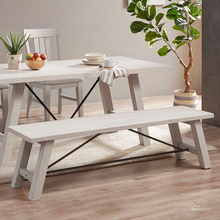 The appearance of Sonoma Dining Bench In Reclaimed White designed by Olliix in the industrial interior design. This reclaimed white piece of furniture  was selected by 1StopBedrooms from Sonoma Collection to add a touch of cosiness and style into your home. Sku: II112-0447. Material: Wood. Product Type: Dining Bench. Image1