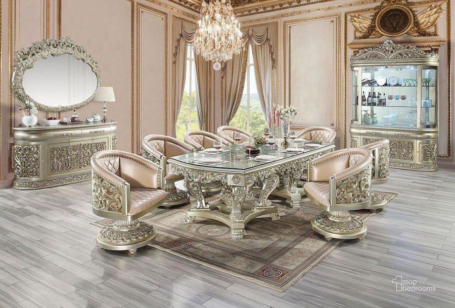 The appearance of Sorina Dining Room Set With Dining Chairs designed by ACME in the transitional interior design. This antique gold piece of furniture  was selected by 1StopBedrooms from Sorina Collection to add a touch of cosiness and style into your home. Sku: DN01208-1;DN01208-2;DN01208-3;DN01208-4;DN01220. Table Base Style: Double Pedestal. Material: Wood. Product Type: Dining Room Set. Table Top Shape: Rectangular. Image1