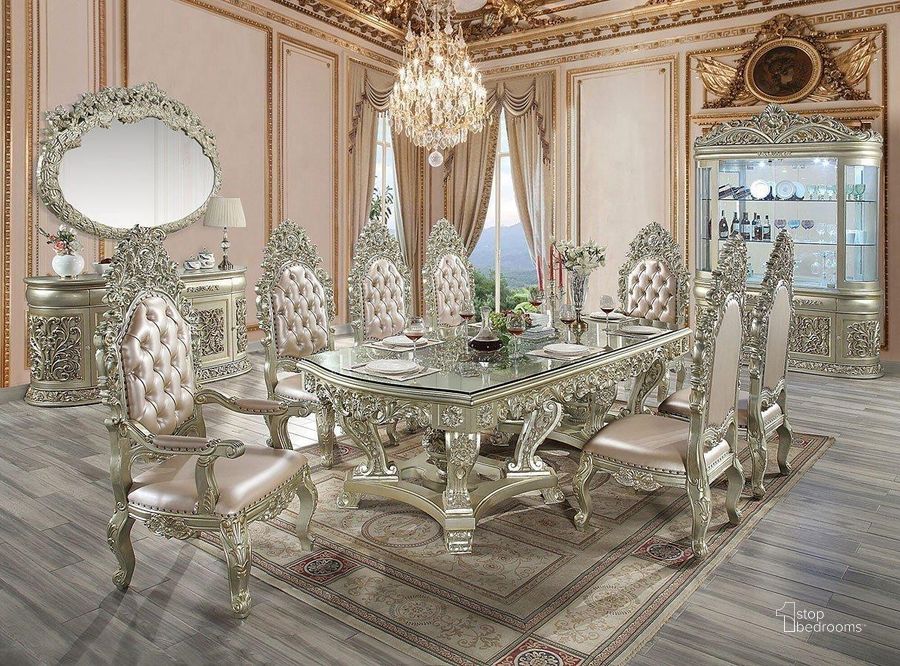 The appearance of Sorina Dining Room Set designed by ACME in the transitional interior design. This antique gold piece of furniture  was selected by 1StopBedrooms from Sorina Collection to add a touch of cosiness and style into your home. Sku: DN01208-1;DN01208-2;DN01208-3;DN01208-4;DN01209. Table Base Style: Double Pedestal. Material: Wood. Product Type: Dining Room Set. Table Top Shape: Rectangular. Image1