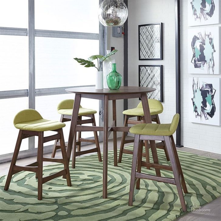 The appearance of Space Savers Counter Height Dining Set w/ Green Stools designed by Liberty in the transitional interior design. This green piece of furniture  was selected by 1StopBedrooms from Space Savers Collection to add a touch of cosiness and style into your home. Sku: 198-GT3636;198-B650124-GE. Table Top Shape: Round. Material: Wood. Product Type: Dining Room Set. Image1