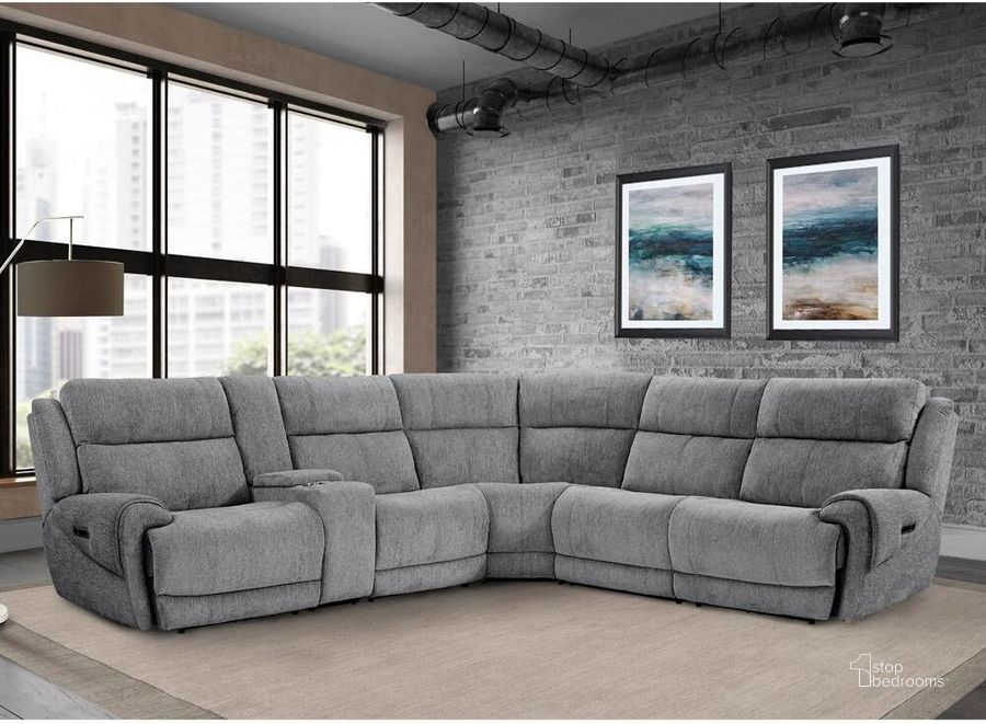 The appearance of Spencer Tide Graphite 6 Piece Modular Power Reclining Sectional With Power Headrests And Console In Graphite designed by Parker House in the transitional interior design. This graphite piece of furniture  was selected by 1StopBedrooms from Spencer Collection to add a touch of cosiness and style into your home. Sku: MSPE#810-TGR;MSPE#811LPH-TGR;MSPE#811RPH-TGR;MSPE#840-TGR;MSPE#850-TGR;MSPE#860-TGR. Material: Polyester. Product Type: Sectional. Layout: L-Shape.