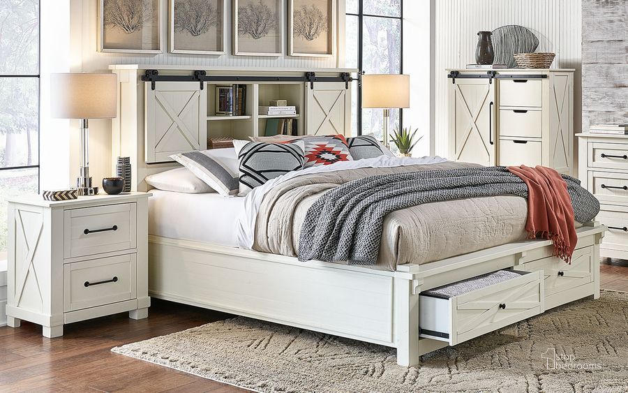 The appearance of Spirit River White Queen Storage Bed designed by Leisure Living in the rustic / southwestern interior design. This white piece of furniture  was selected by 1StopBedrooms from Spirit River Collection to add a touch of cosiness and style into your home. Sku: SUVWT503G;SUVWT503H;SUVWT503P;SUVWT503R. Bed Type: Storage Bed. Product Type: Storage Bed. Bed Size: Queen. Material: Pine. Image1