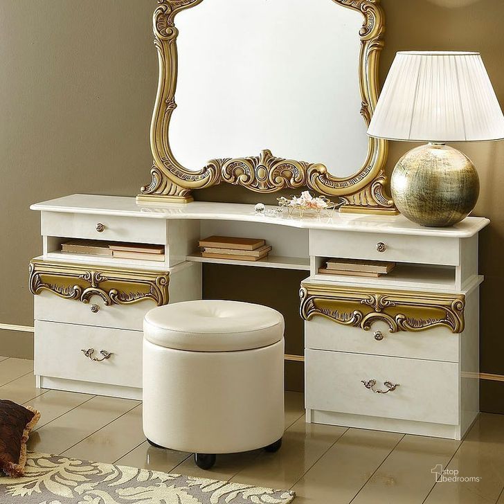The appearance of Spring Valley Gold Bedroom Vanity designed by Versailles Home in the traditional interior design. This gold piece of furniture  was selected by 1StopBedrooms from Spring Valley Collection to add a touch of cosiness and style into your home. Sku: BAROCCOVANIRYIVORY/G. Material: Wood. Product Type: Bedroom Vanity. Image1