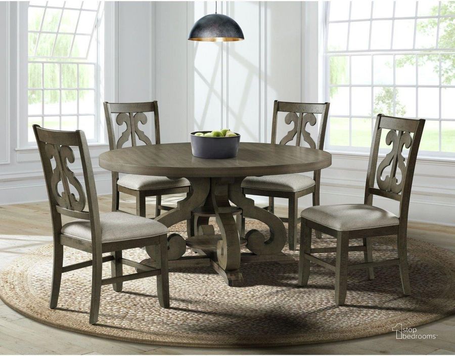 The appearance of Stanford Grey Round Dining Room Set designed by Picket House in the transitional interior design. This gray piece of furniture  was selected by 1StopBedrooms from Stanford Collection to add a touch of cosiness and style into your home. Sku: DST380DT;DST300SC. Table Base Style: Trestle. Table Top Shape: Round. Product Type: Dining Room Set. Material: Rubberwood. Size: 60". Image1