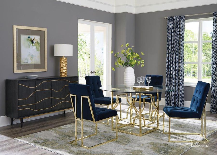 The appearance of Starlight Brass 54" Glass Top Dining Room Set designed by Coaster in the transitional interior design. This gold piece of furniture  was selected by 1StopBedrooms from Starlight Collection to add a touch of cosiness and style into your home. Sku: 192641;CP54RD-10;192493. Table Base Style: Pedestal. Table Top Shape: Round. Material: Metal. Product Type: Dining Room Set. Image1