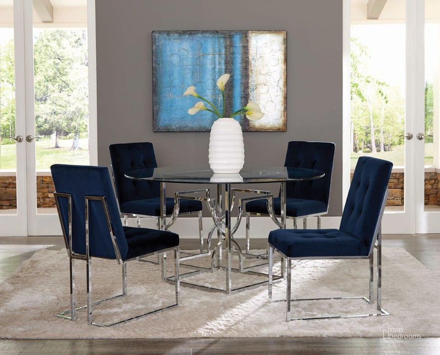 The appearance of Starlight Chrome 54" Glass Top Dining Room Set designed by Coaster in the transitional interior design. This chrome piece of furniture  was selected by 1StopBedrooms from Starlight Collection to add a touch of cosiness and style into your home. Sku: 192561;CP54RD-10;192494. Table Base Style: Pedestal. Table Top Shape: Round. Material: Metal. Product Type: Dining Room Set. Image1