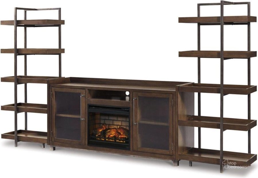The appearance of Starmore 3-Piece Wall Unit with Electric Fireplace In Brown designed by Signature Design by Ashley in the modern / contemporary interior design. This brown/gunmetal piece of furniture  was selected by 1StopBedrooms from Starmore Collection to add a touch of cosiness and style into your home. Sku: W100-101;W633-34;W633-34;W633-68. Material: Glass. Product Type: Wall Unit. Image1